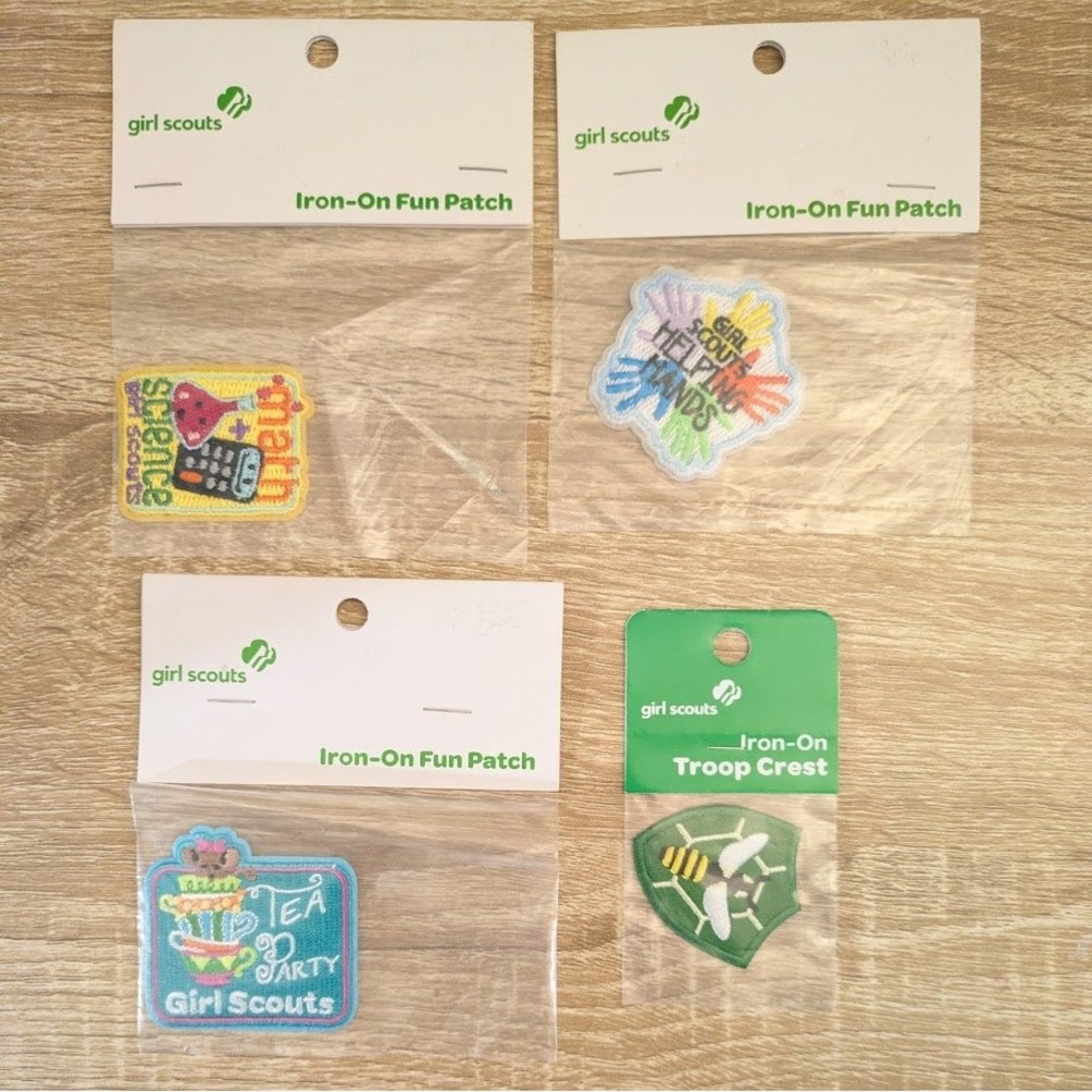 NEW Girl Scouts Iron-On Patch Lot of 4 Troop Crest STEM Helping Hands Tea‎ Party